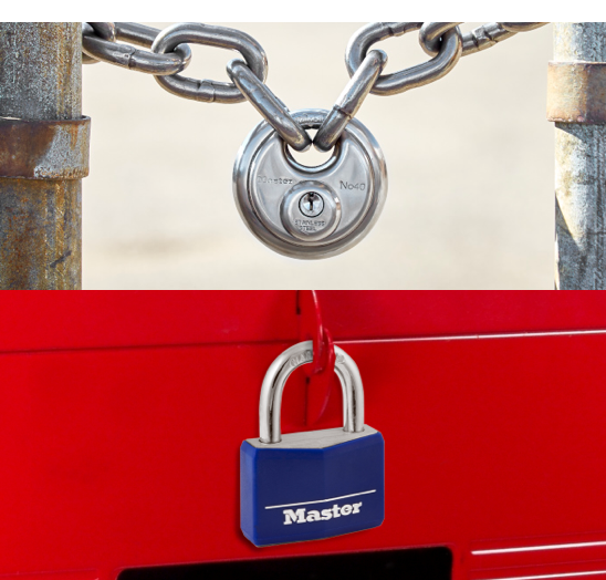 Master Lock blue padlock and key lock.