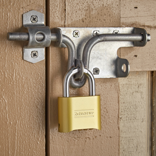 Master Lock resettable combination brass padlock.