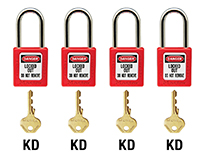 Four sets of padlocks and keys labeled 'KD'